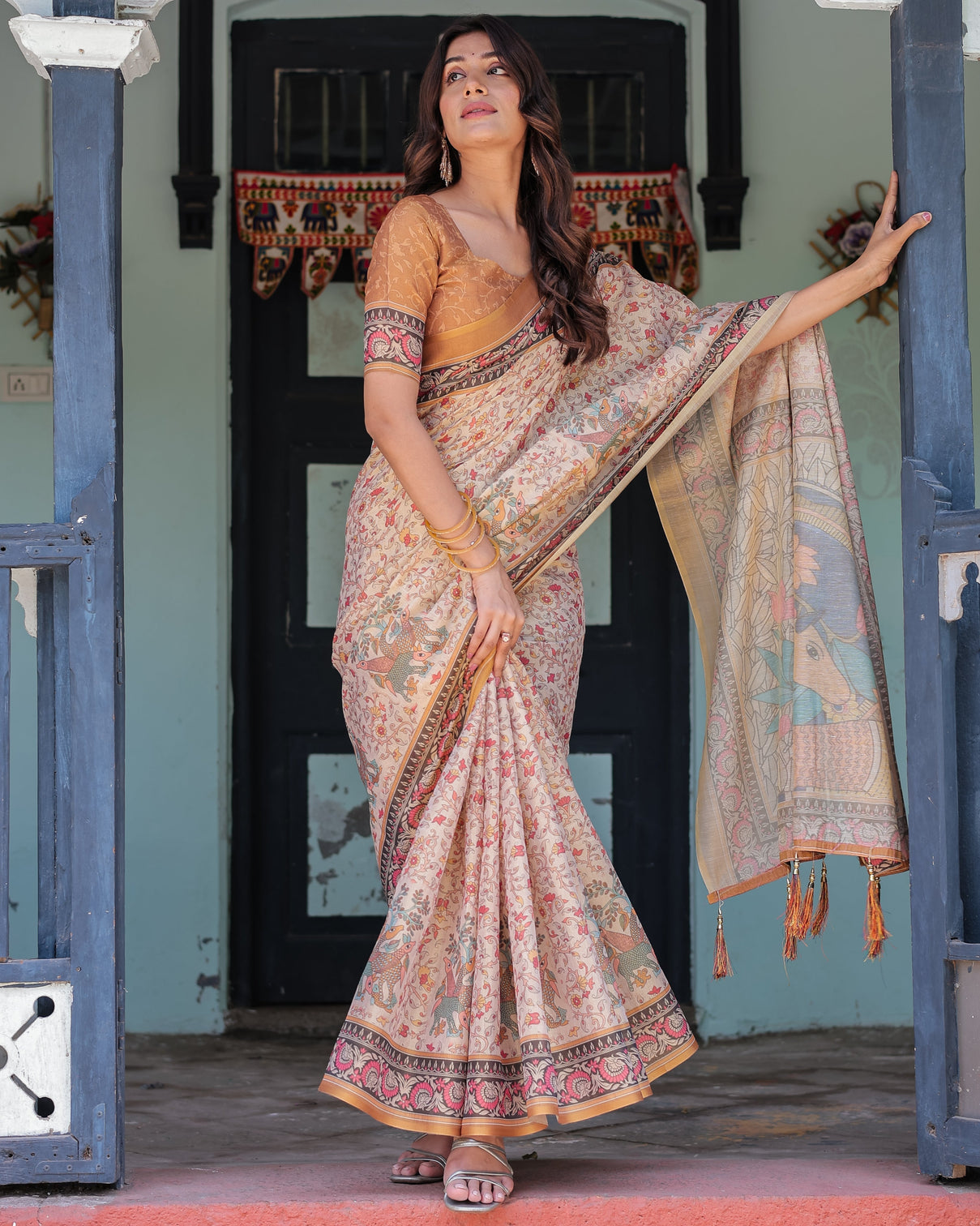 Beige maroon handloom cotton saree with floral vine print mythical madhubani cow pallu mameraa