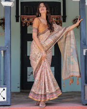 Beige maroon handloom cotton saree with floral vine print mythical madhubani cow pallu mameraa