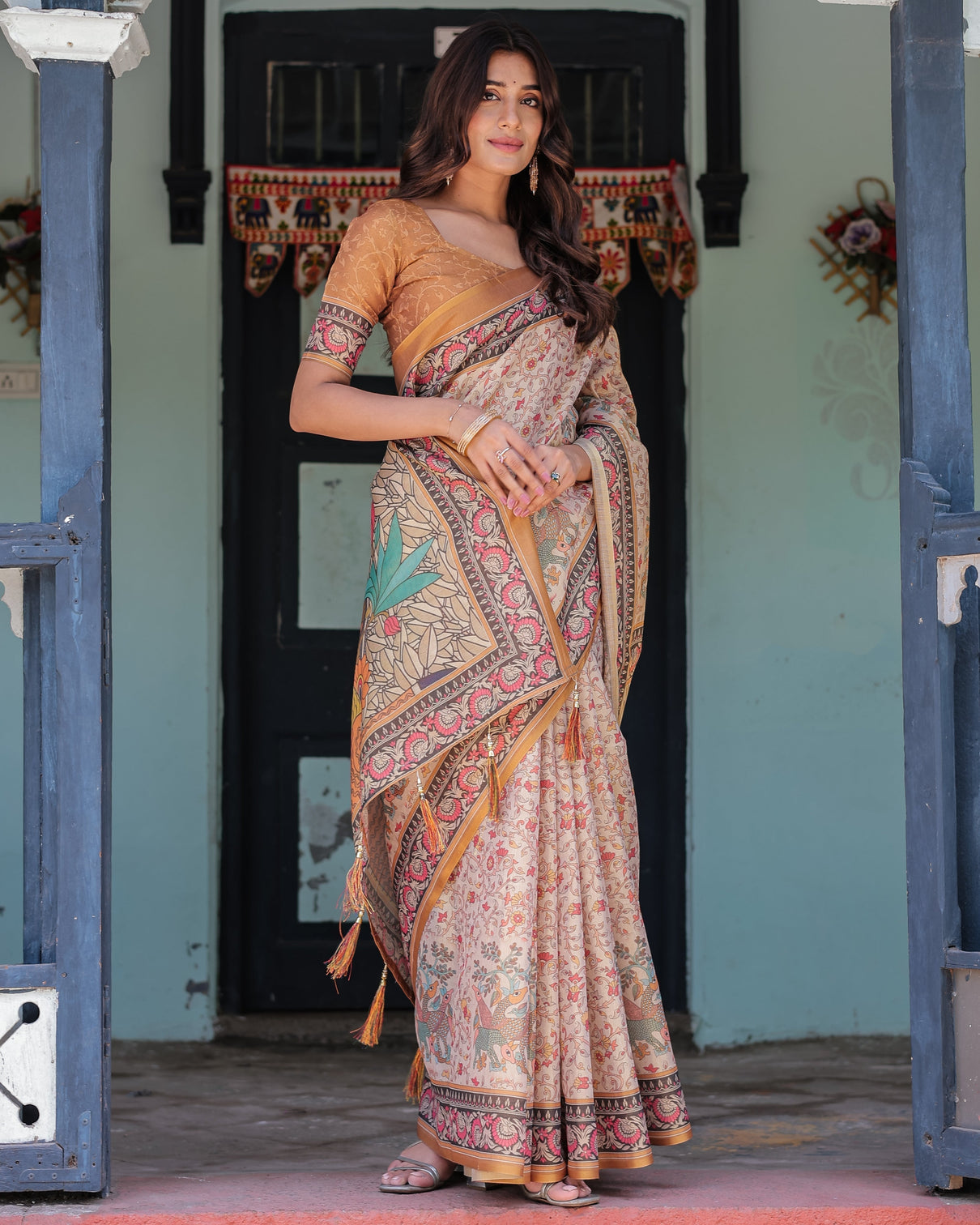 Beige maroon handloom cotton saree with floral vine print mythical madhubani cow pallu