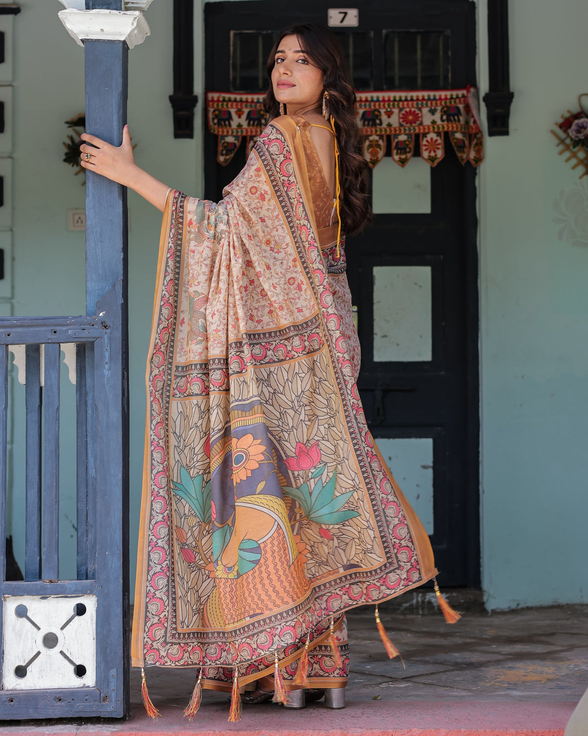 Beige maroon handloom cotton saree with floral vine print mythical madhubani cow pallu