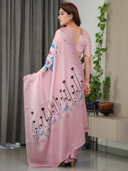 Blush pink satin georgette floral printed saree with attached blouse soft pastel designer saree for festive elegant wear