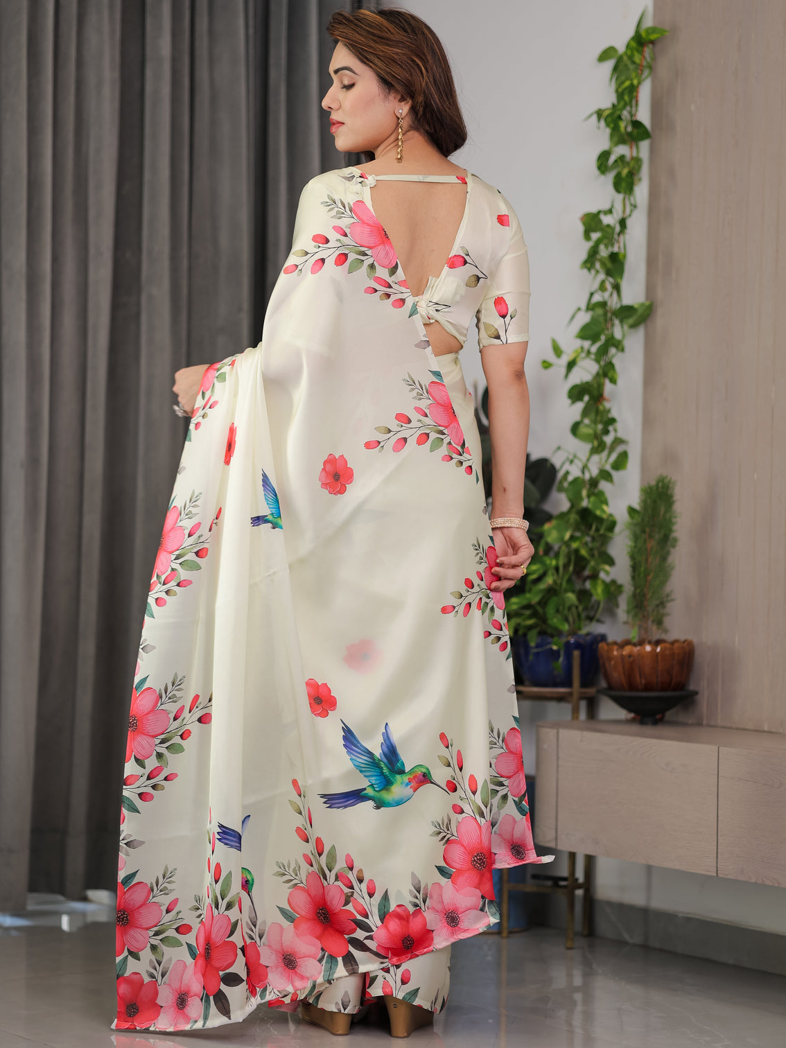 Ivory cream satin georgette floral bird printed saree with attached blouse elegant nature inspired designer saree