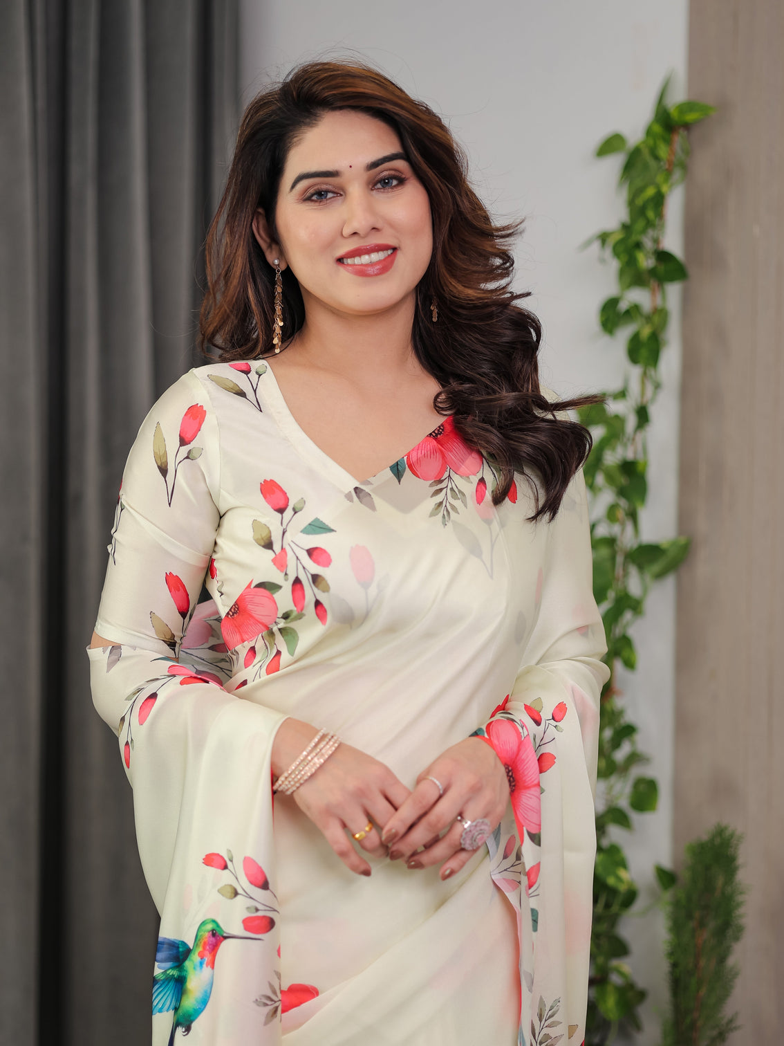 Ivory cream satin georgette floral bird printed saree with attached blouse elegant nature inspired designer saree