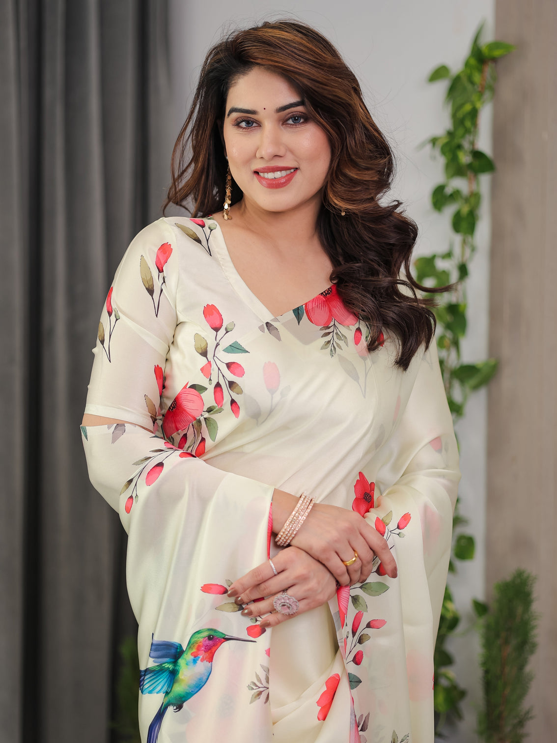 Ivory cream satin georgette floral bird printed saree with attached blouse elegant nature inspired designer saree