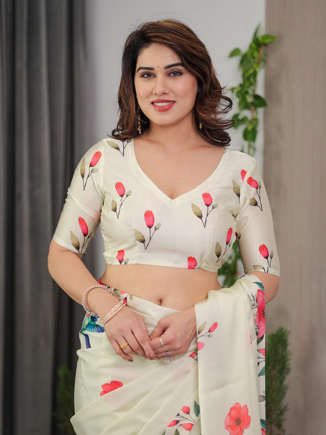Ivory cream satin georgette floral bird printed saree with attached blouse elegant nature inspired designer saree