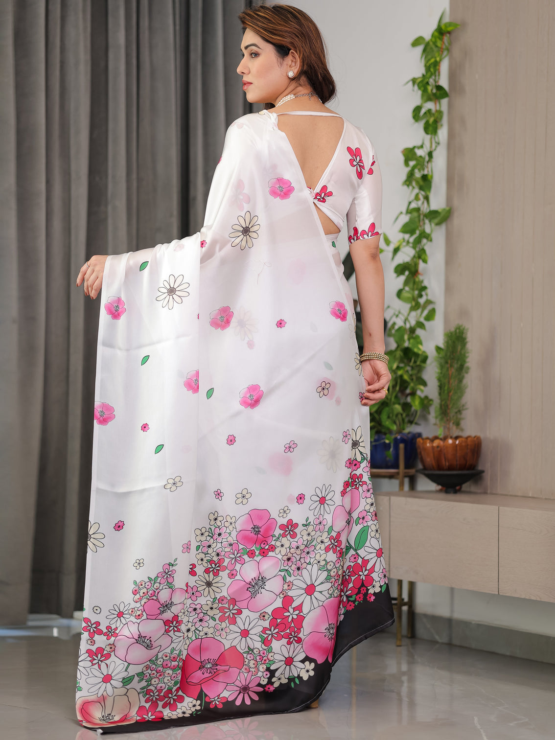 White satin georgette floral printed saree with pink blossom border attached blouse elegant lightweight designer drape