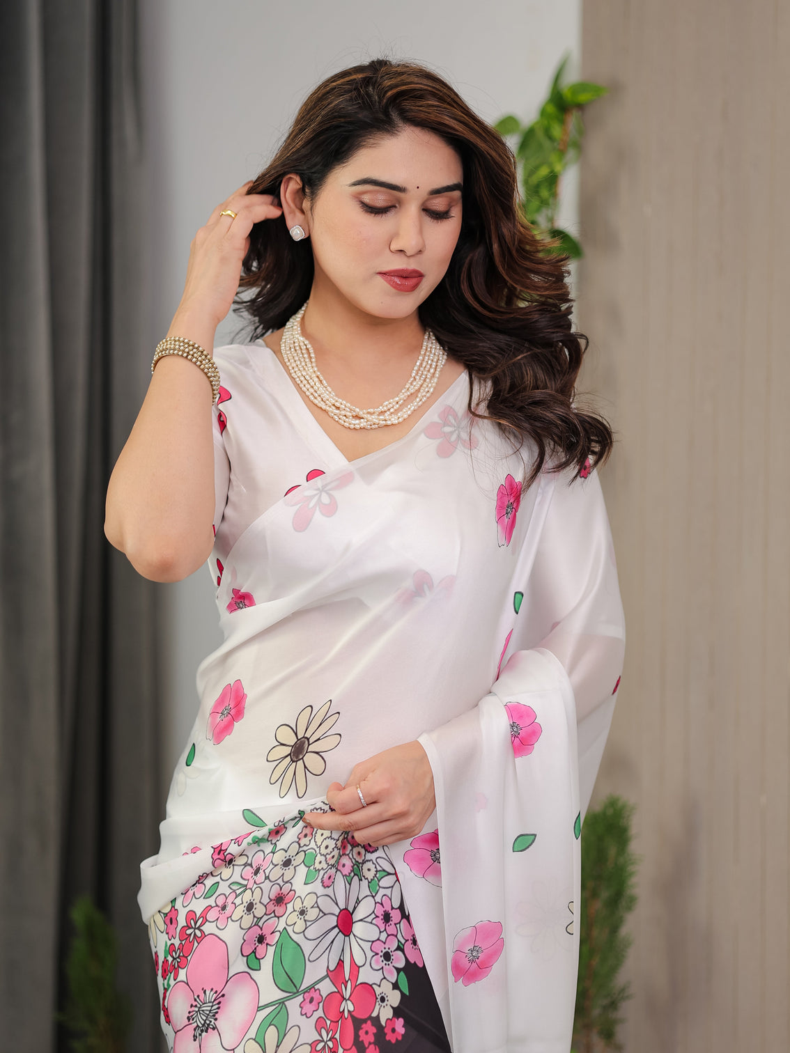 White satin georgette floral printed saree with pink blossom border attached blouse elegant lightweight designer drape
