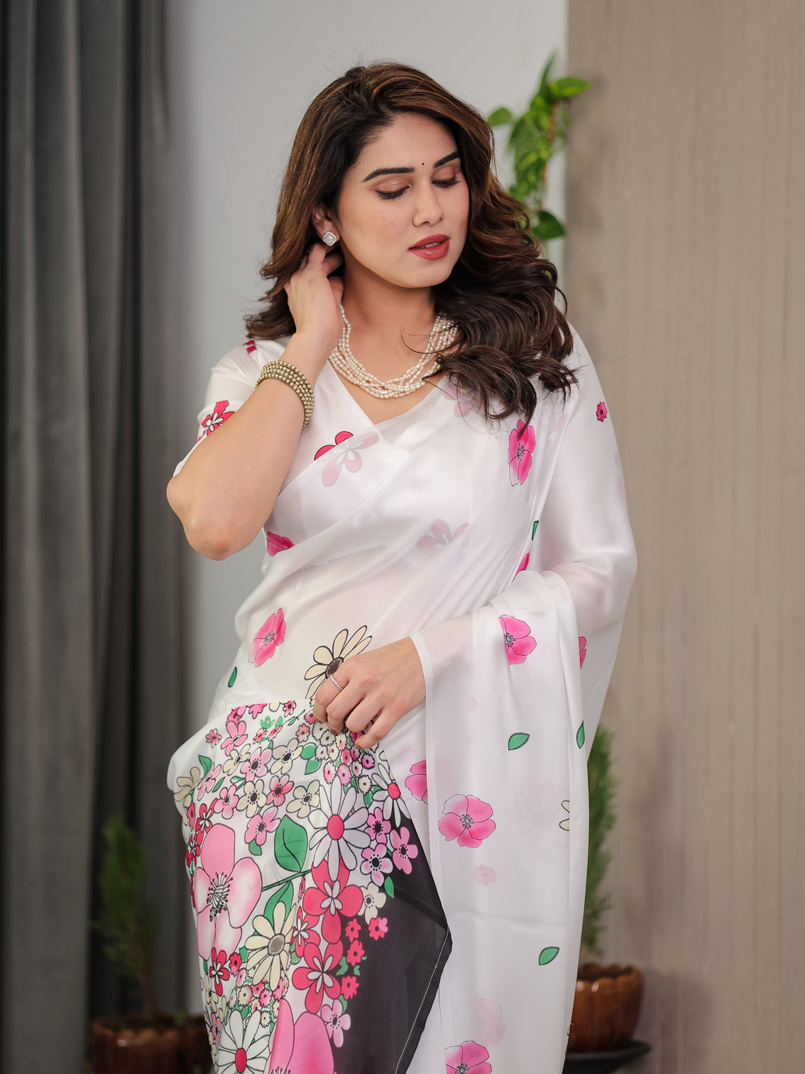 White satin georgette floral printed saree with pink blossom border attached blouse elegant lightweight designer drape