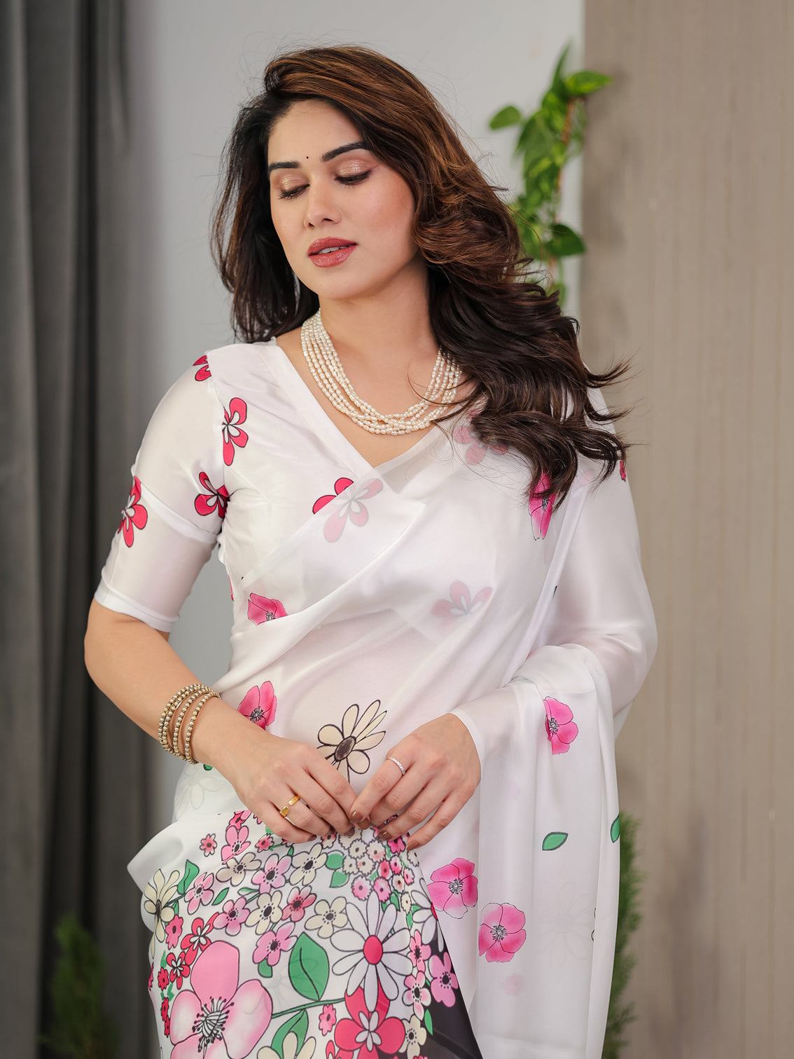 White satin georgette floral printed saree with pink blossom border attached blouse elegant lightweight designer drape