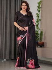Black satin georgette floral printed saree with soft pink border attached blouse elegant designer partywear drape mameraa