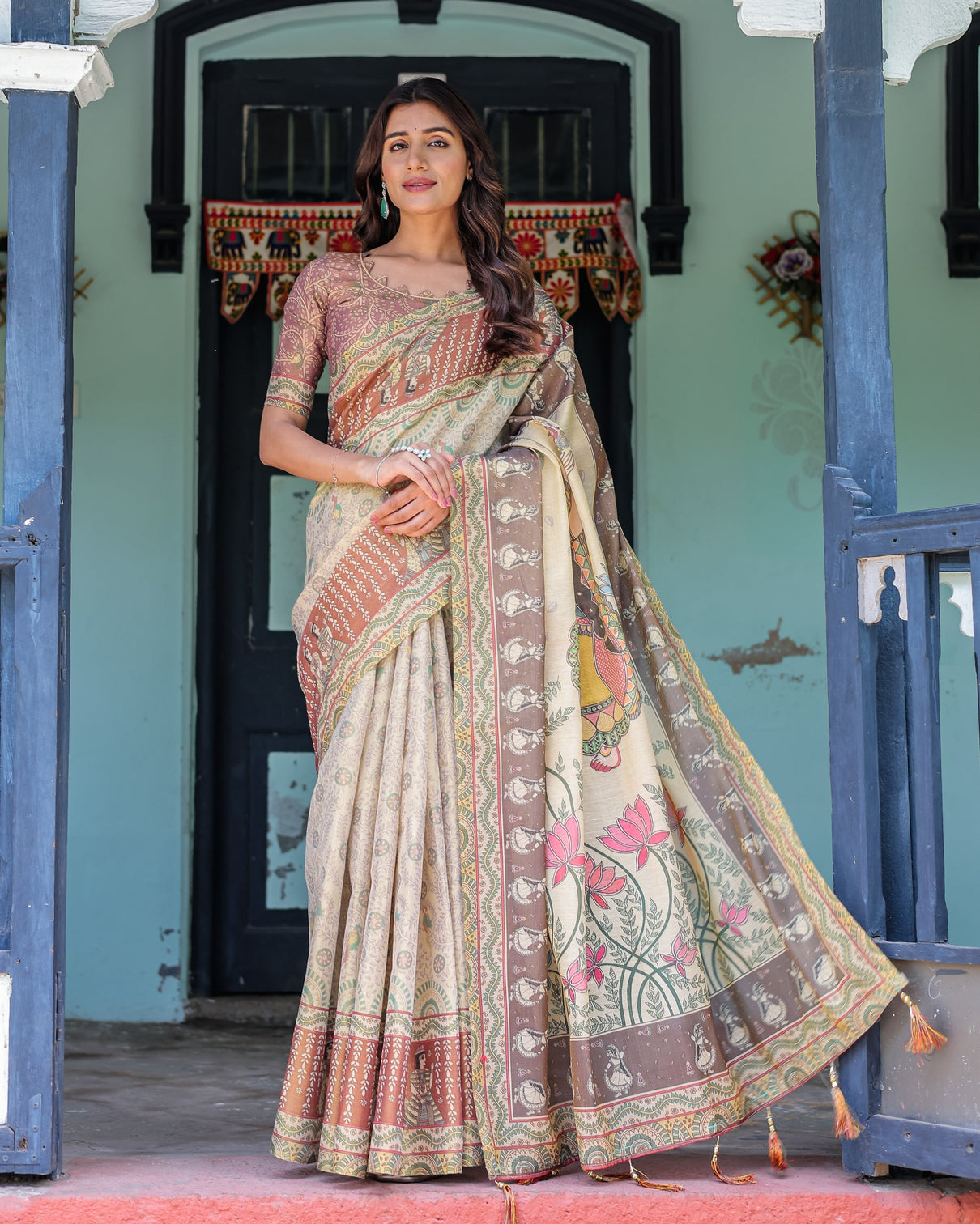 Ivory brown handloom cotton saree with classical dancer motifs madhubani inspired pallu mameraa