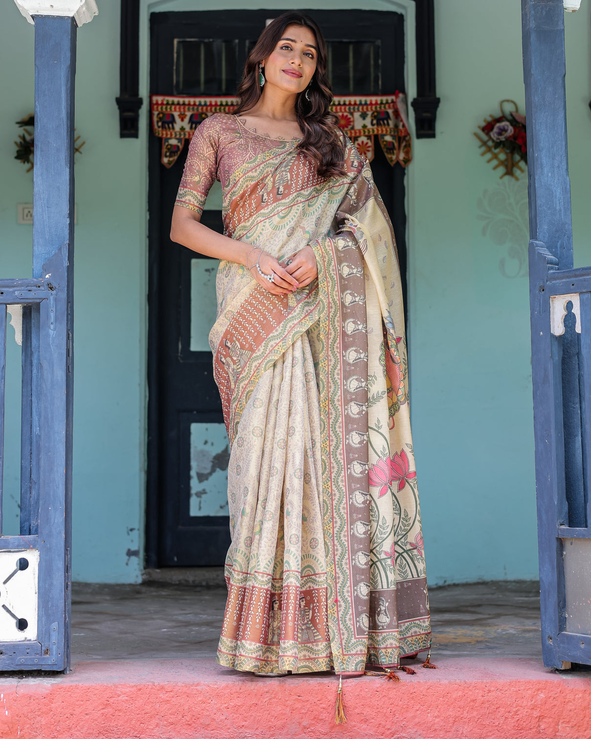 Ivory brown handloom cotton saree with classical dancer motifs madhubani inspired pallu