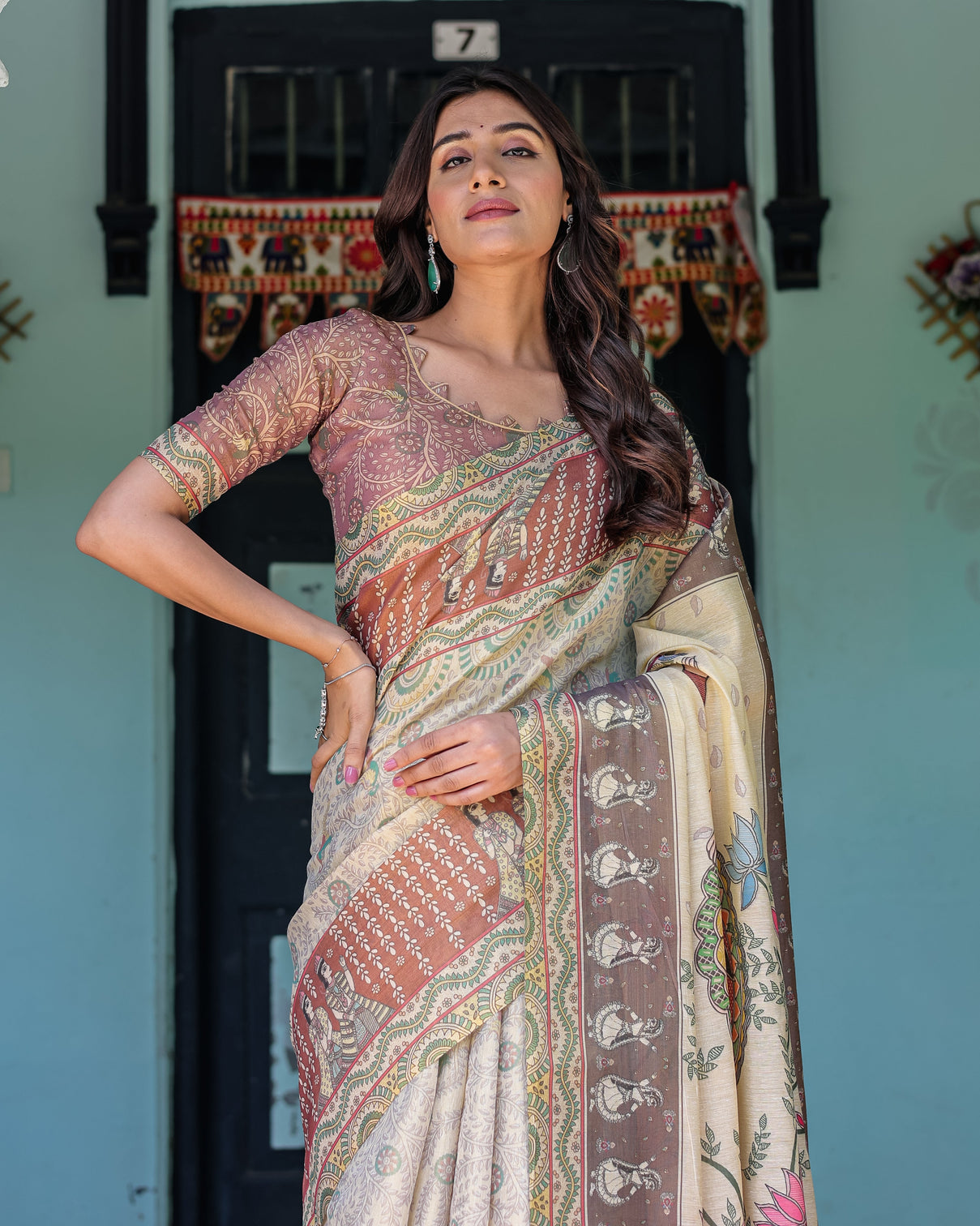 Ivory brown handloom cotton saree with classical dancer motifs madhubani inspired pallu