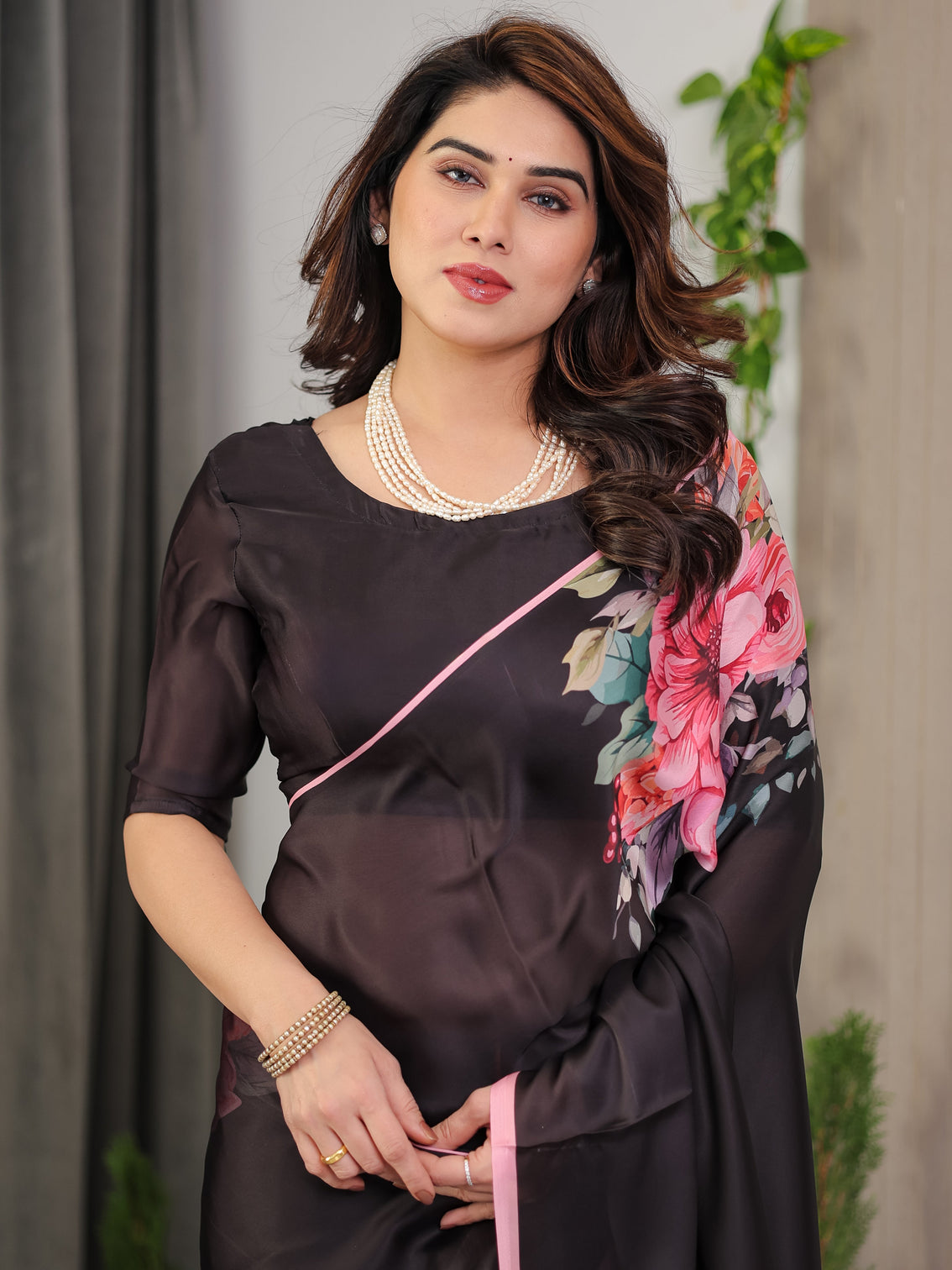 Black satin georgette floral printed saree with soft pink border attached blouse elegant designer partywear drape