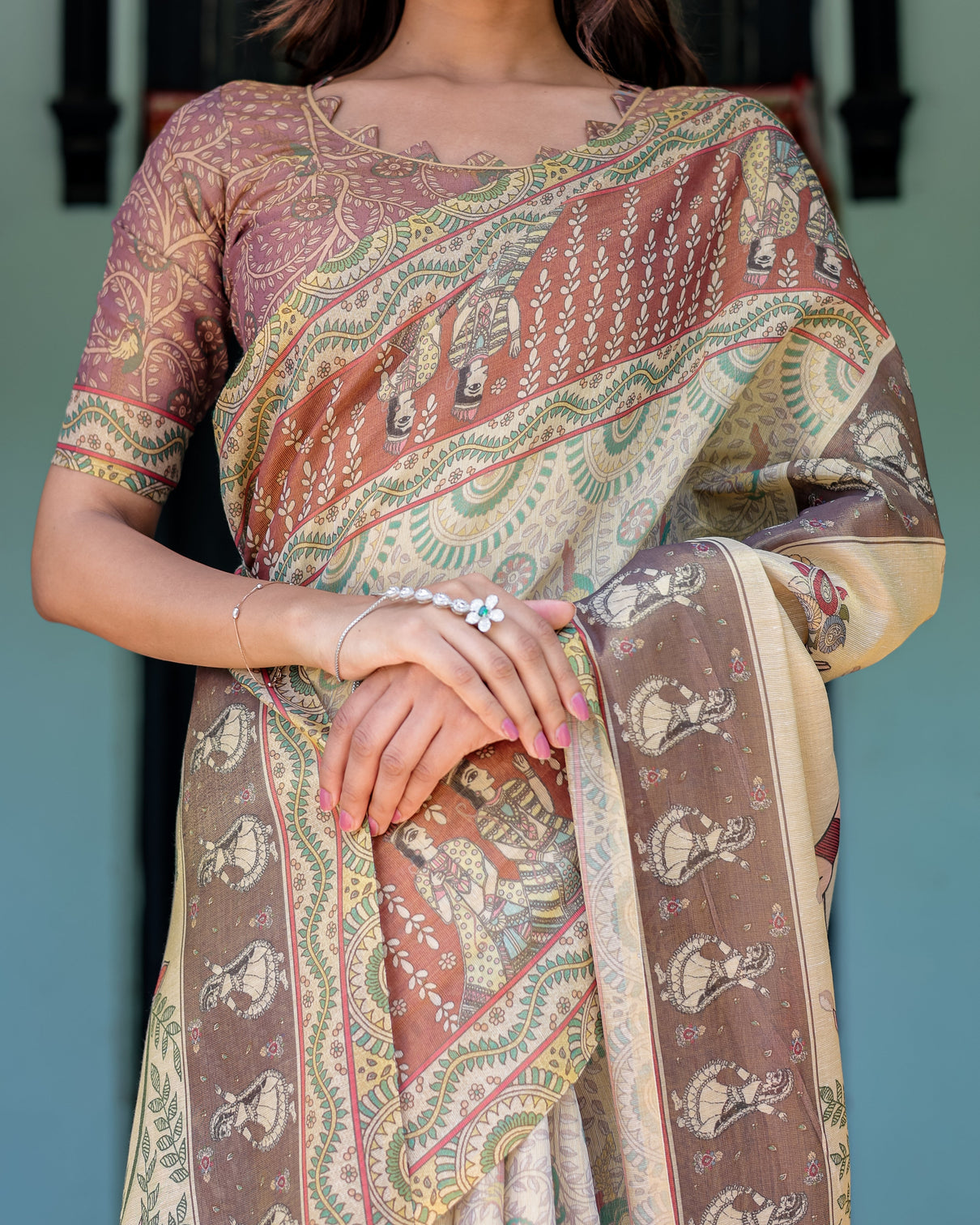 Ivory brown handloom cotton saree with classical dancer motifs madhubani inspired pallu