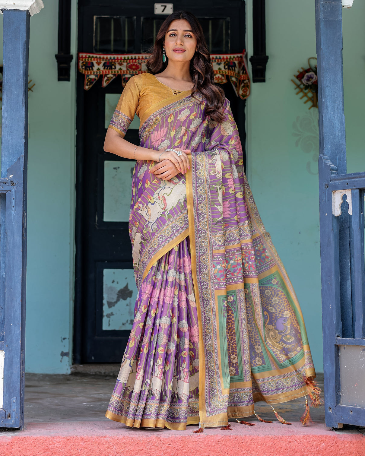 Royal violet handloom cotton saree with cow motifs temple pallu art mameraa