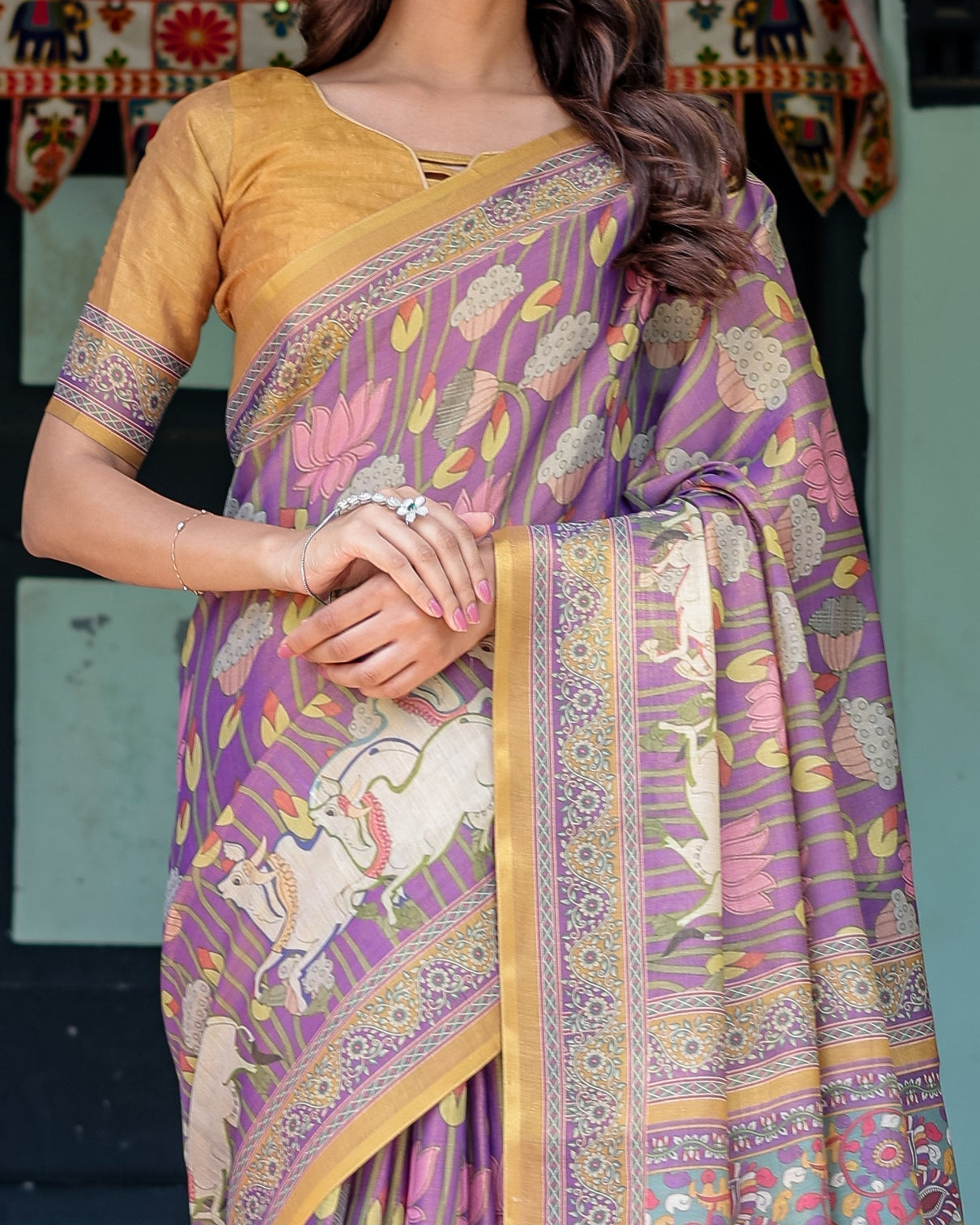 Royal violet handloom cotton saree with cow motifs temple pallu art