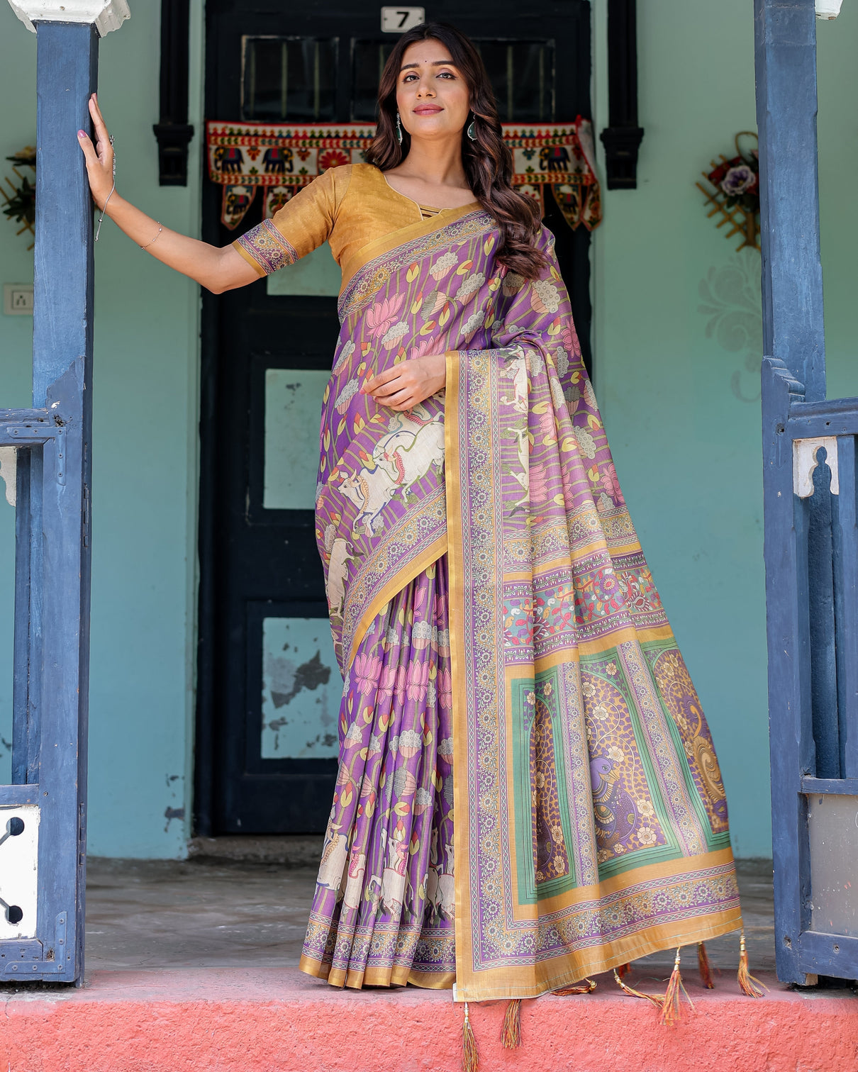 Royal violet handloom cotton saree with cow motifs temple pallu art