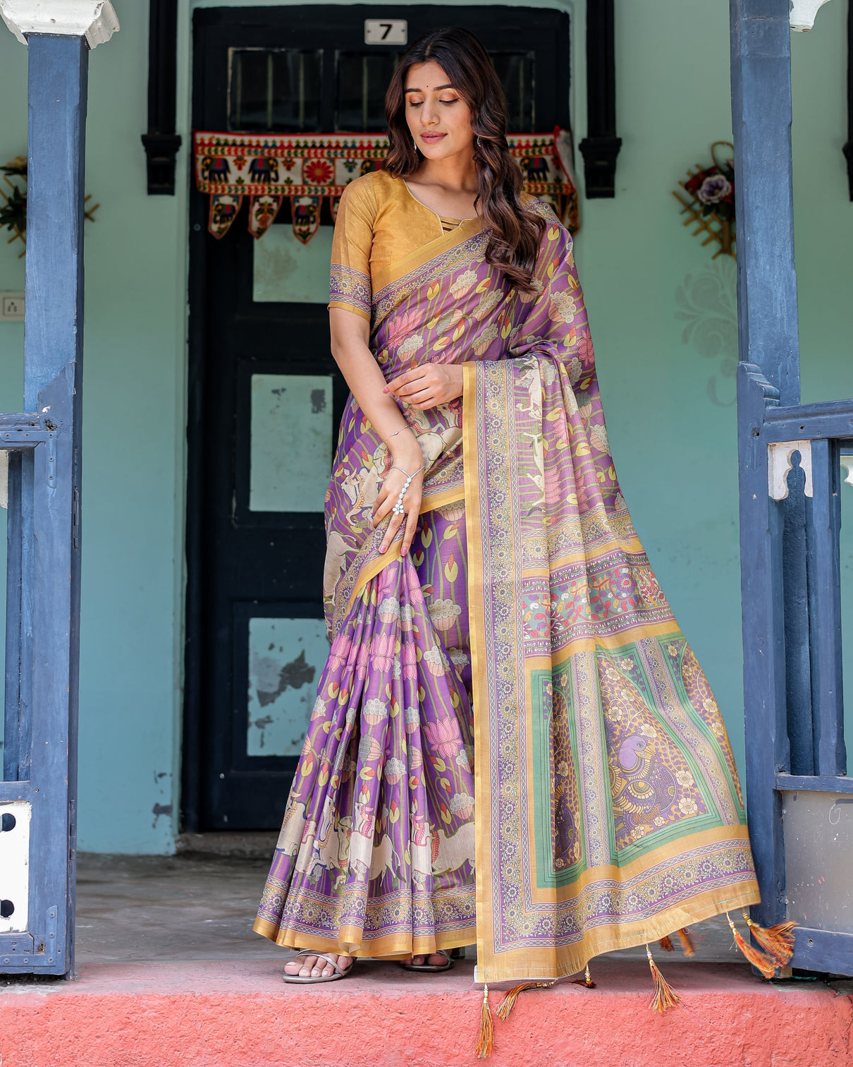 Royal violet handloom cotton saree with cow motifs temple pallu art