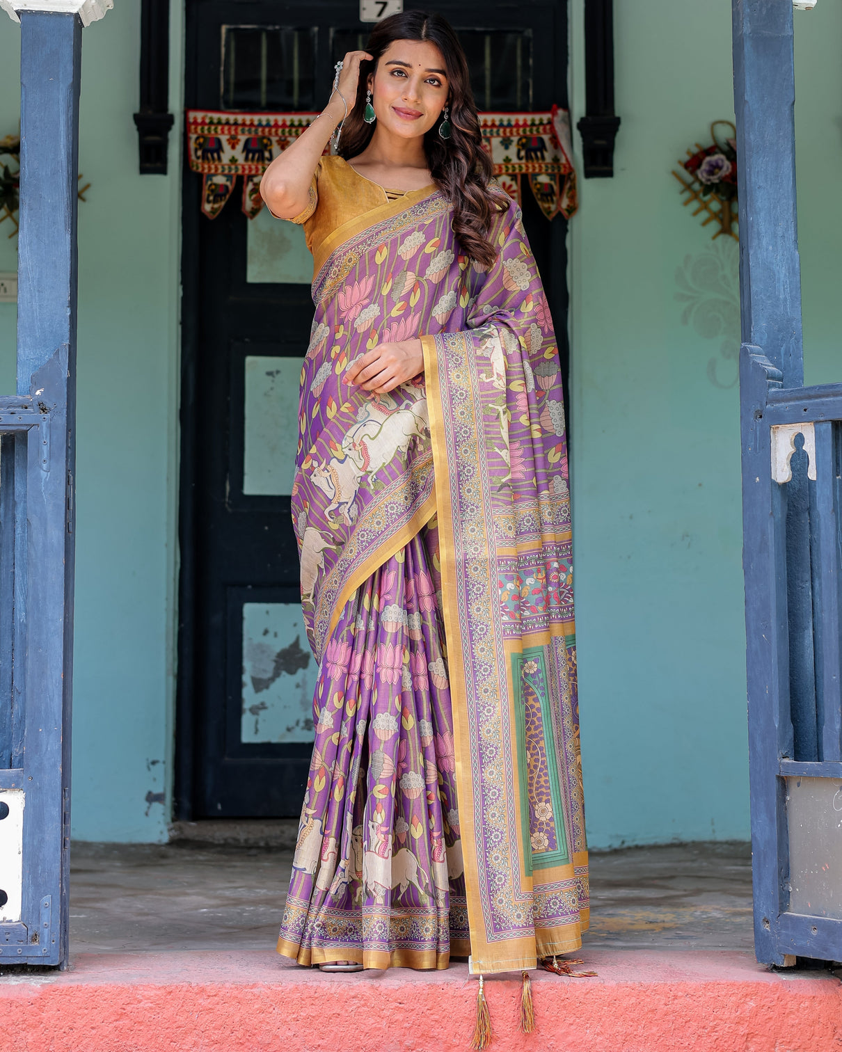 Royal violet handloom cotton saree with cow motifs temple pallu art