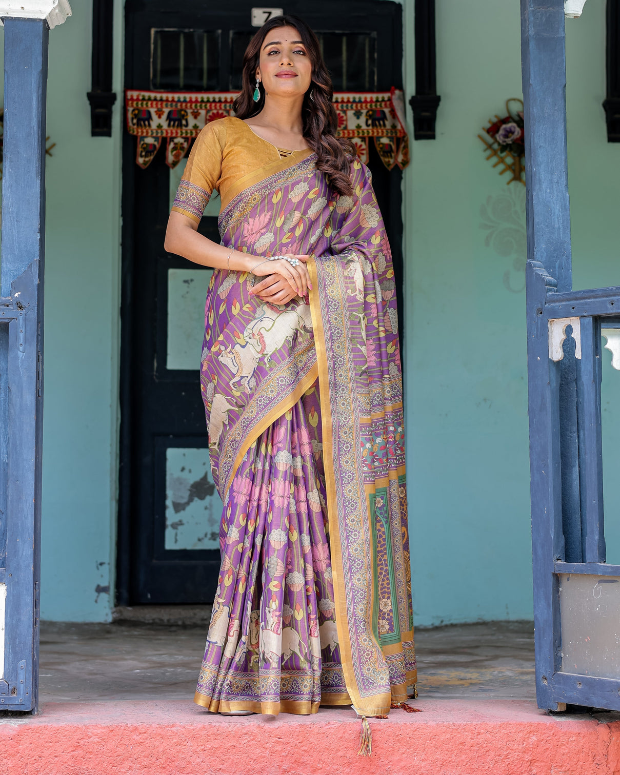 Royal violet handloom cotton saree with cow motifs temple pallu art