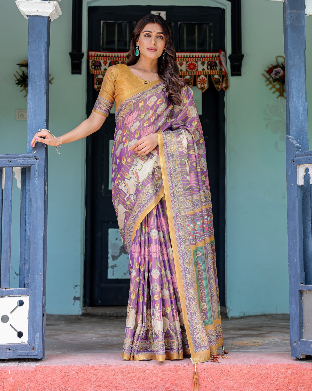 Royal violet handloom cotton saree with cow motifs temple pallu art