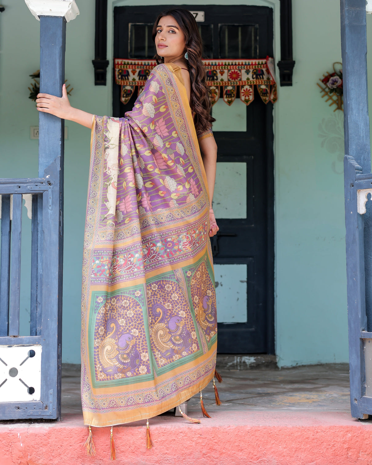 Royal violet handloom cotton saree with cow motifs temple pallu art