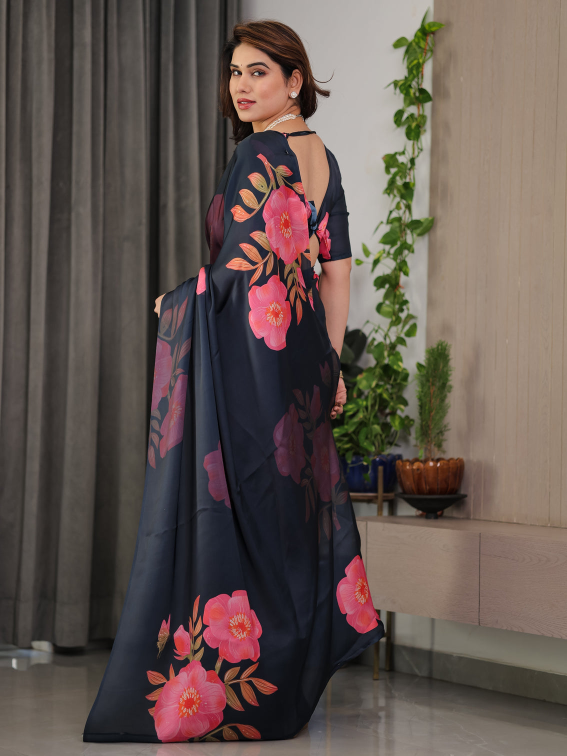 Midnight navy blue satin georgette floral printed saree with attached blouse elegant rose bloom designer drape