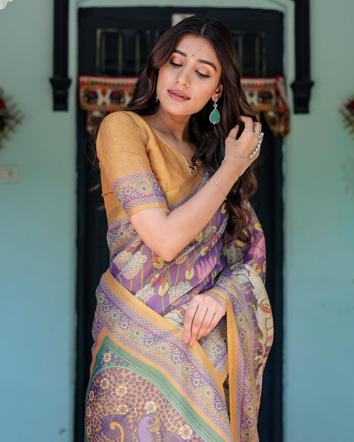 Royal violet handloom cotton saree with cow motifs temple pallu art