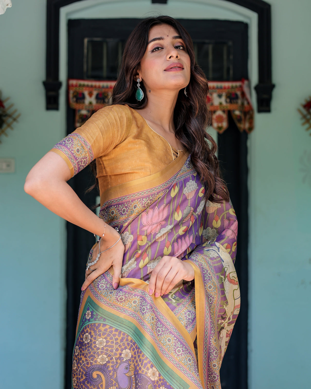 Royal violet handloom cotton saree with cow motifs temple pallu art