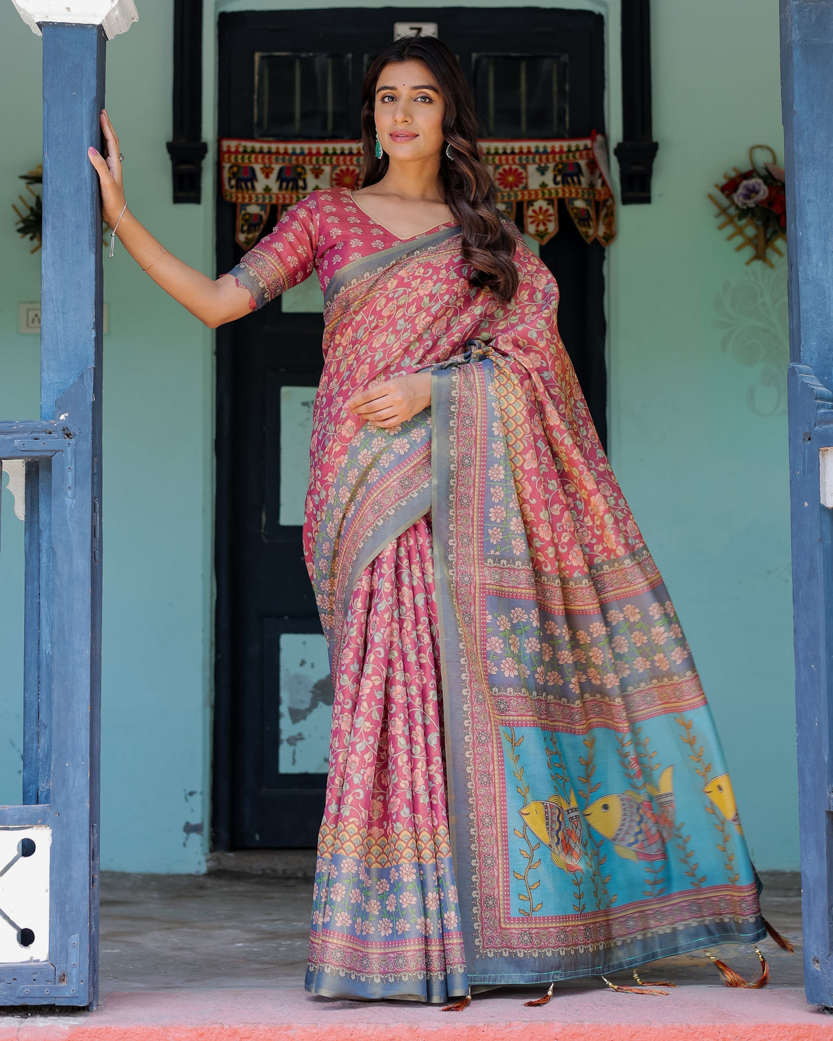 Rosewood red handloom cotton saree with artistic fish pallu floral vine print mameraa