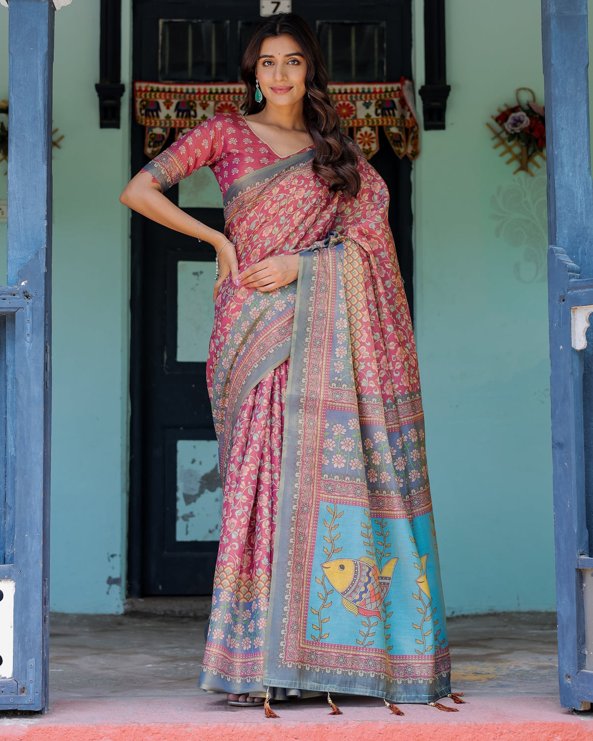 Rosewood red handloom cotton saree with artistic fish pallu floral vine print