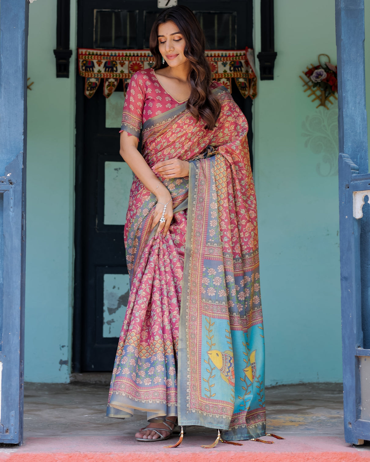 Rosewood red handloom cotton saree with artistic fish pallu floral vine print