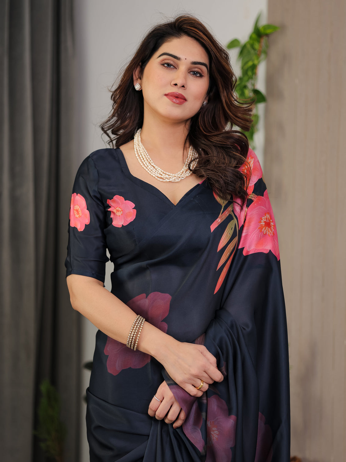 Midnight navy blue satin georgette floral printed saree with attached blouse elegant rose bloom designer drape