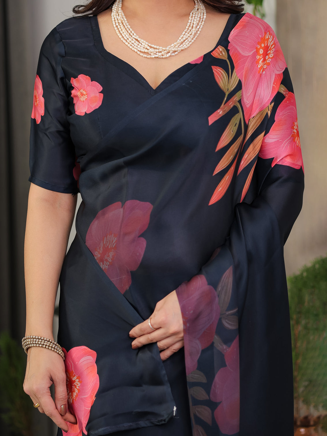 Midnight navy blue satin georgette floral printed saree with attached blouse elegant rose bloom designer drape