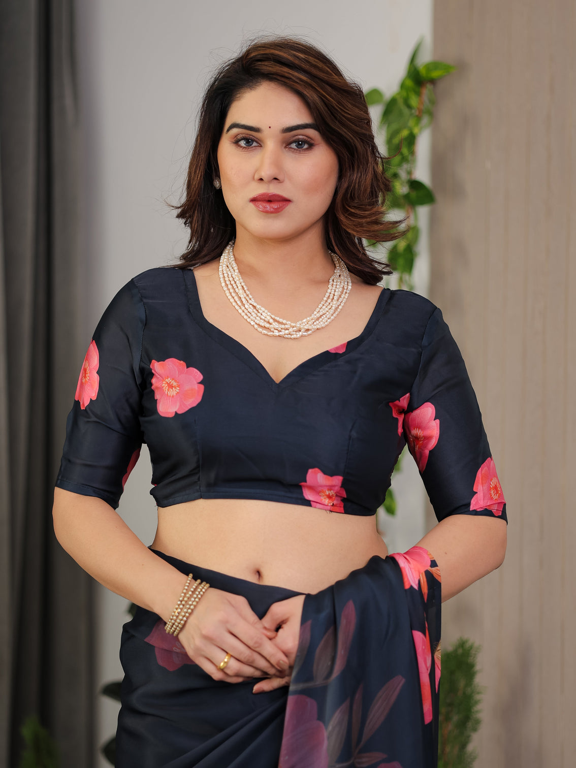 Midnight navy blue satin georgette floral printed saree with attached blouse elegant rose bloom designer drape