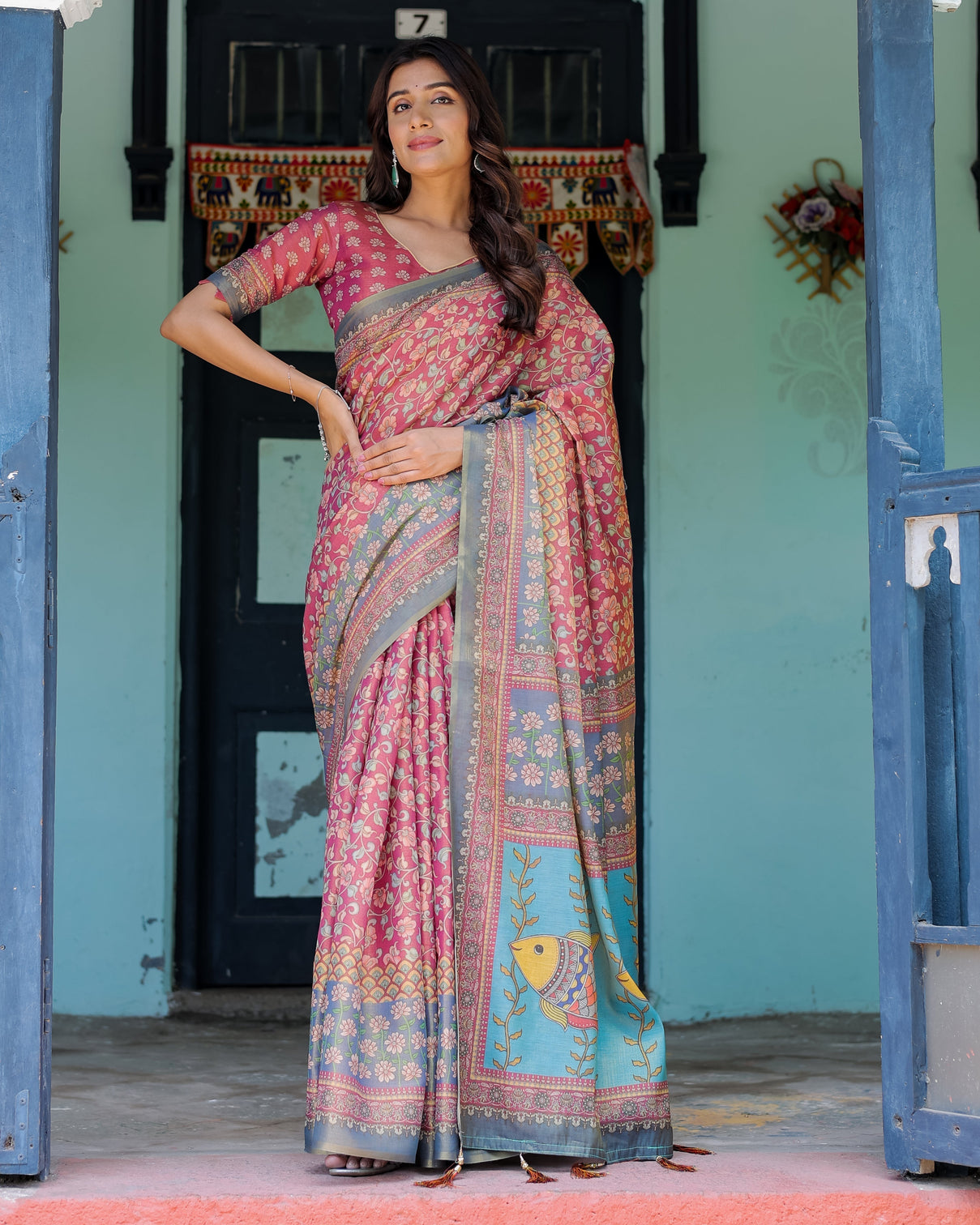 Rosewood red handloom cotton saree with artistic fish pallu floral vine print