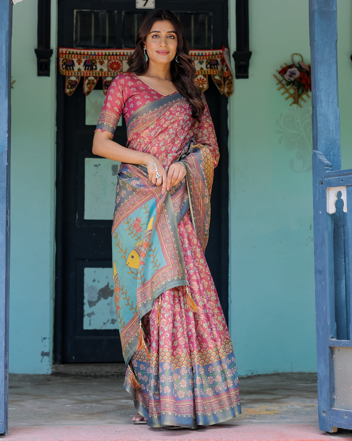 Rosewood red handloom cotton saree with artistic fish pallu floral vine print