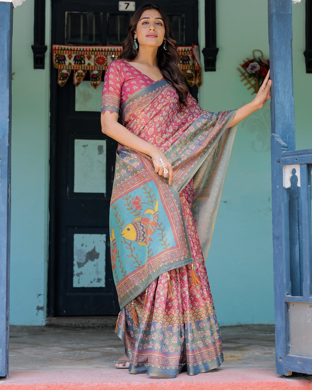 Rosewood red handloom cotton saree with artistic fish pallu floral vine print