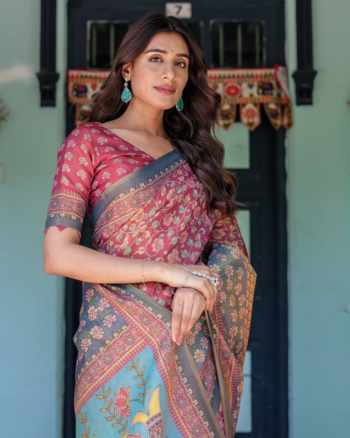 Rosewood red handloom cotton saree with artistic fish pallu floral vine print