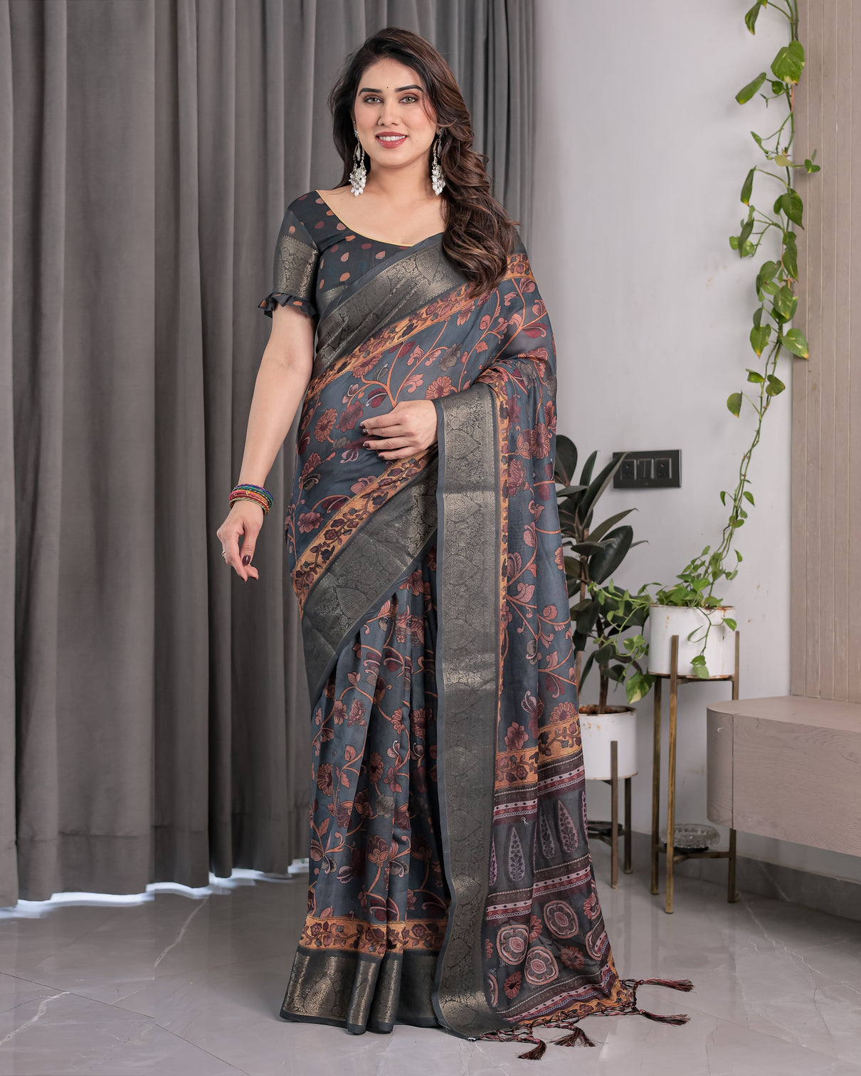 Charcoal grey digital printed saree with maroon floral tribal border motifs antique zari highlights 5 5m saree 0 8m blouse piece