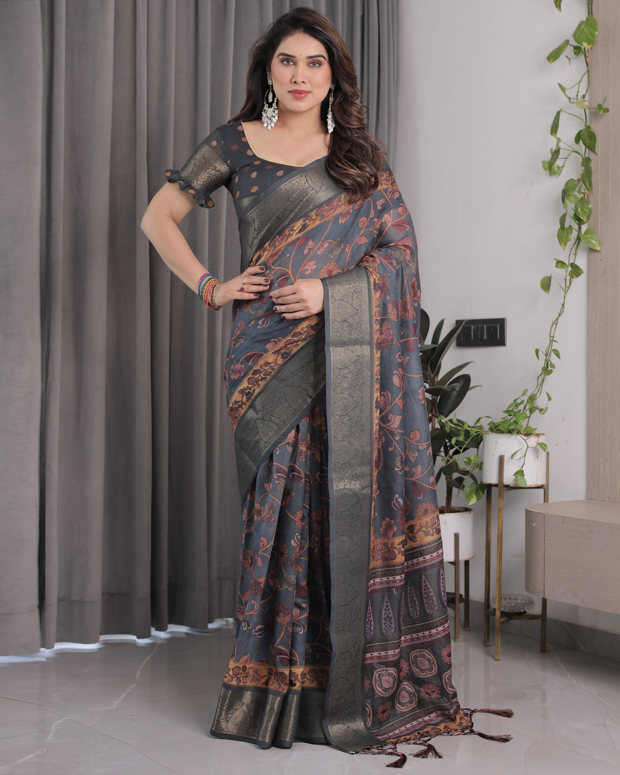 Charcoal grey digital printed saree with maroon floral tribal border motifs antique zari highlights 5 5m saree 0 8m blouse piece