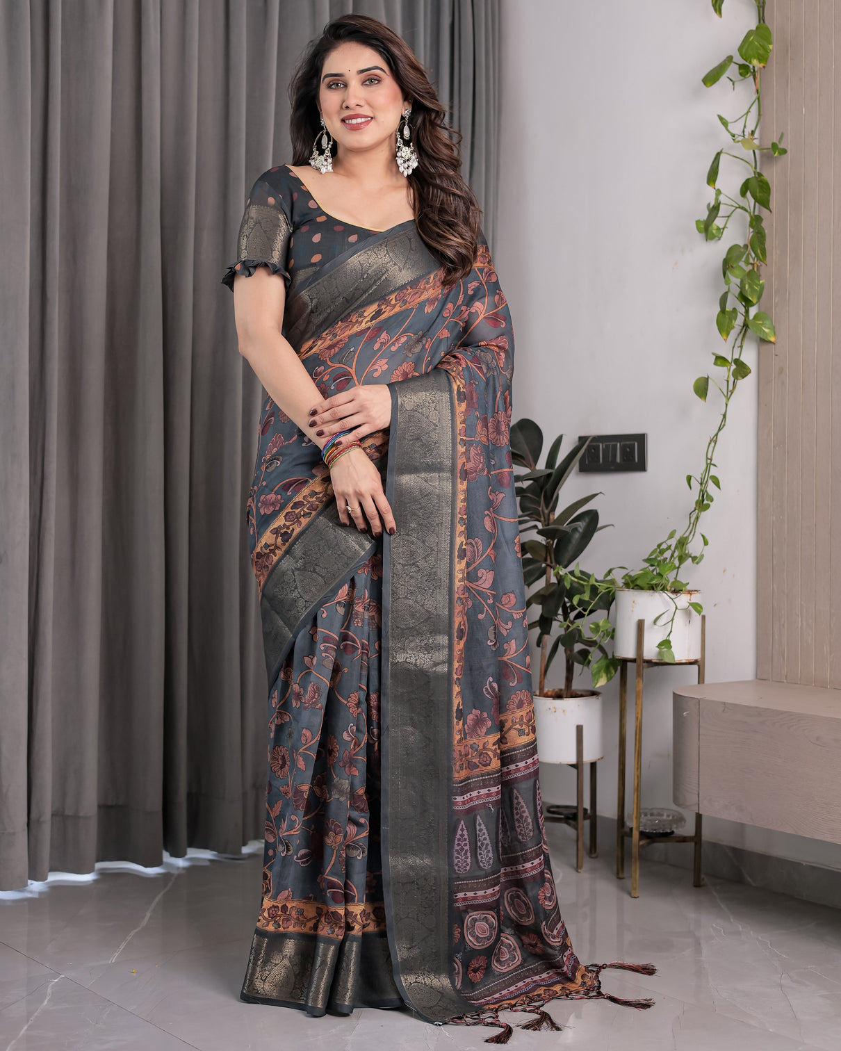 Charcoal grey digital printed saree with maroon floral tribal border motifs antique zari highlights 5 5m saree 0 8m blouse piece