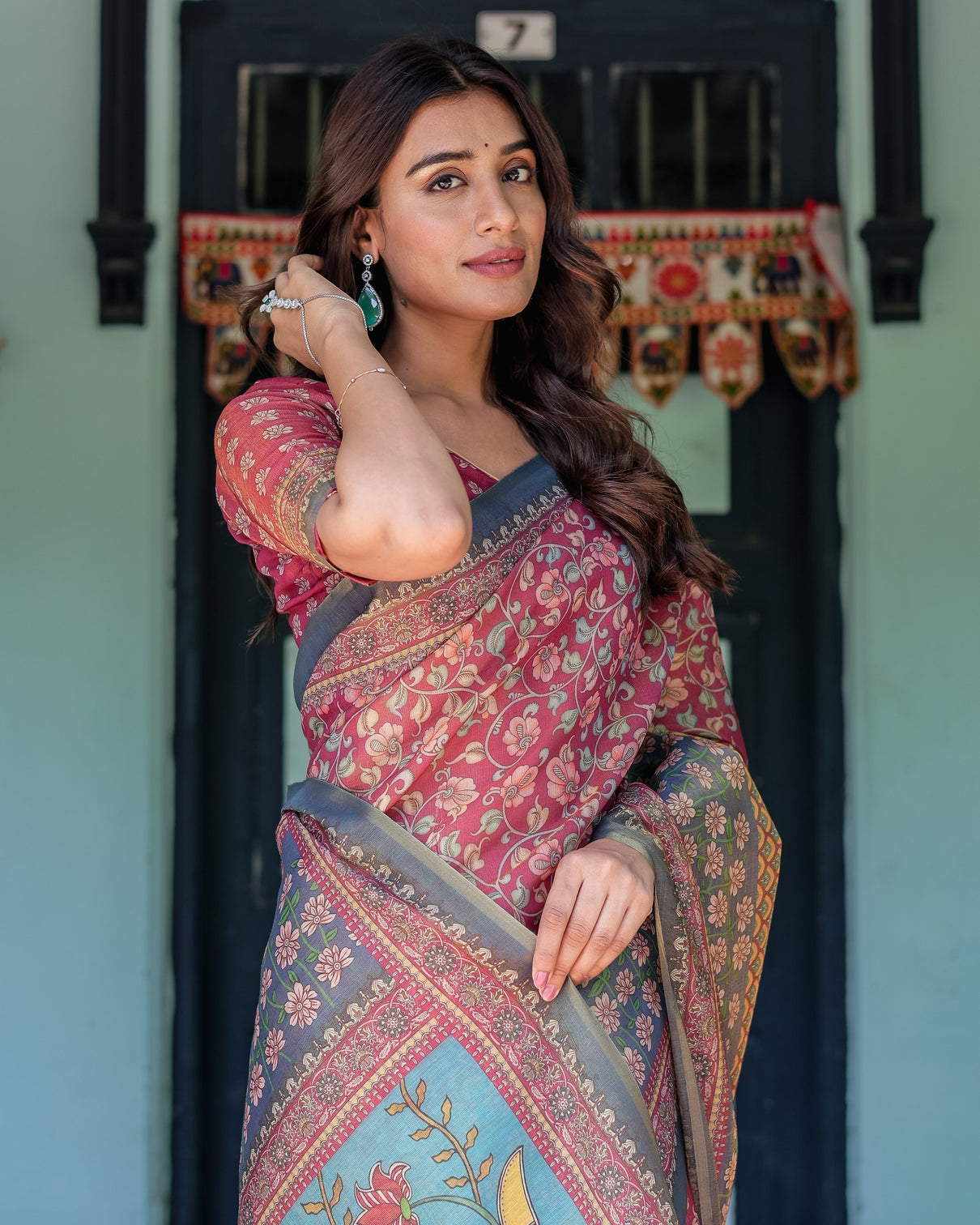 Rosewood red handloom cotton saree with artistic fish pallu floral vine print