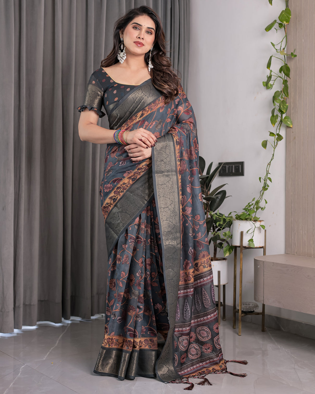 Charcoal grey digital printed saree with maroon floral tribal border motifs antique zari highlights 5 5m saree 0 8m blouse piece