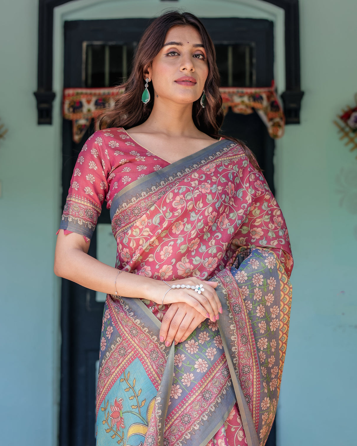Rosewood red handloom cotton saree with artistic fish pallu floral vine print