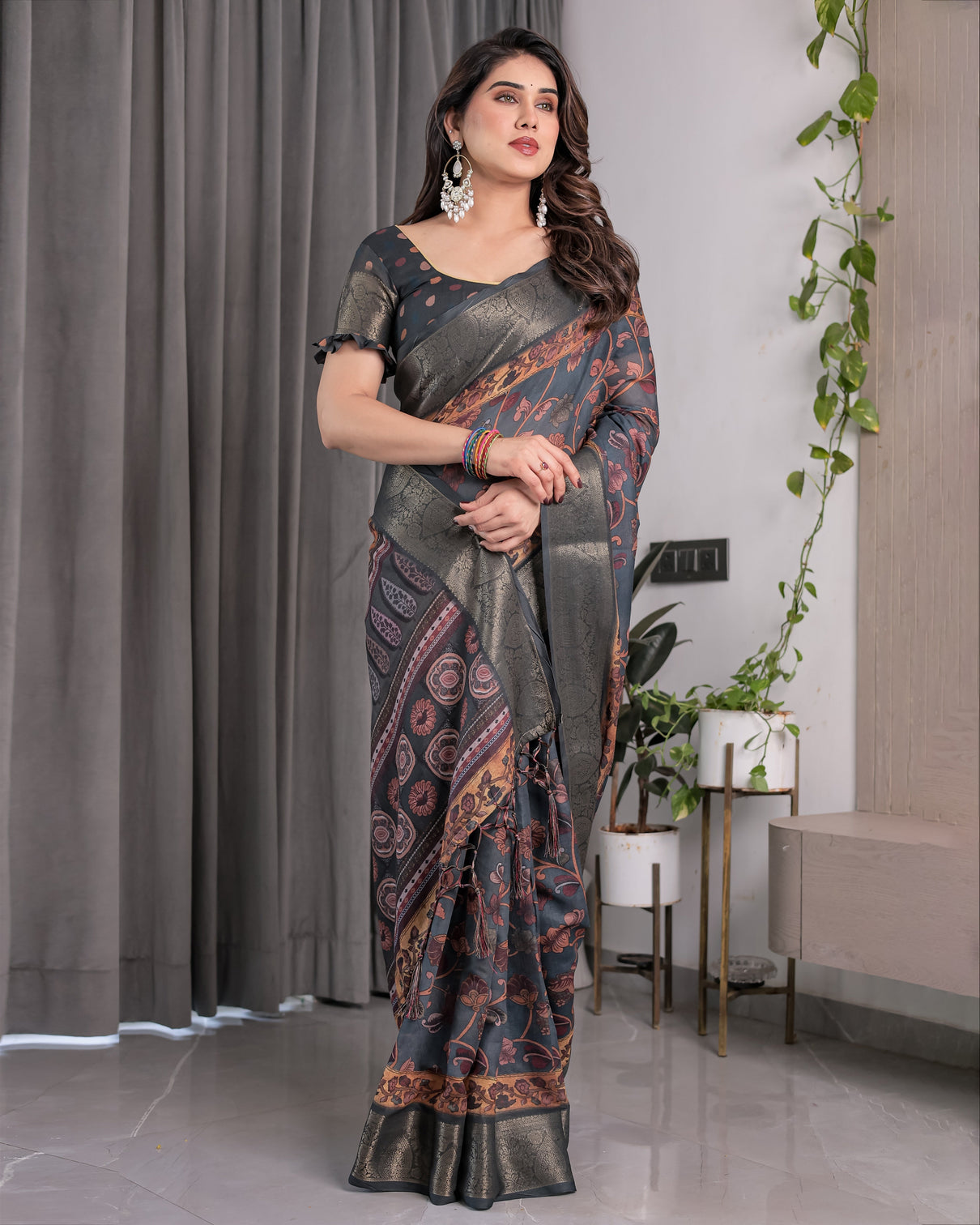 Charcoal grey digital printed saree with maroon floral tribal border motifs antique zari highlights 5 5m saree 0 8m blouse piece