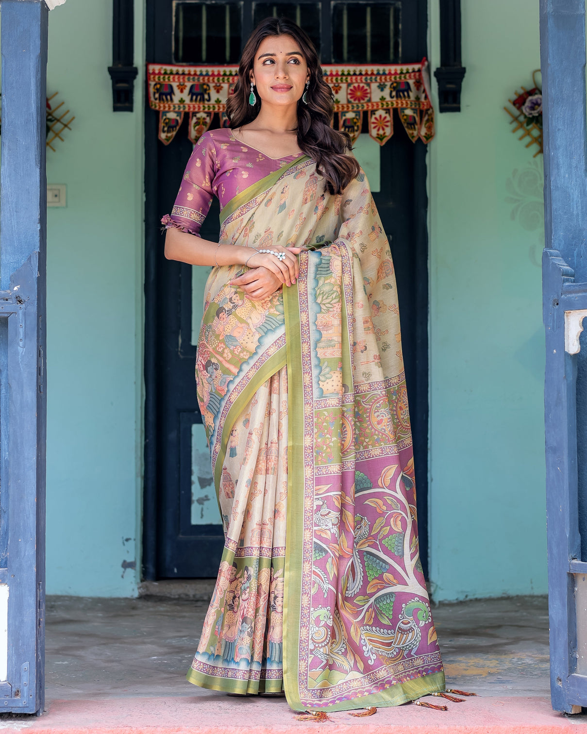 Ivory violet handloom cotton saree with royal procession tree of life pallu
