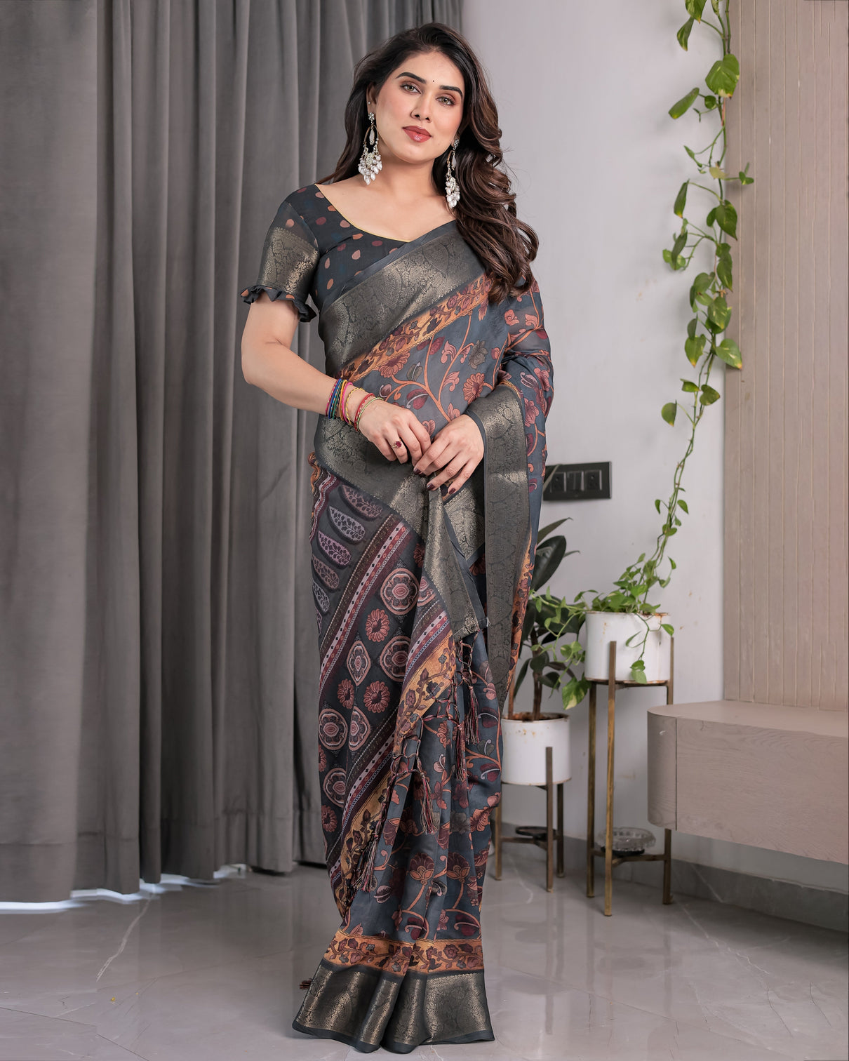 Charcoal grey digital printed saree with maroon floral tribal border motifs antique zari highlights 5 5m saree 0 8m blouse piece