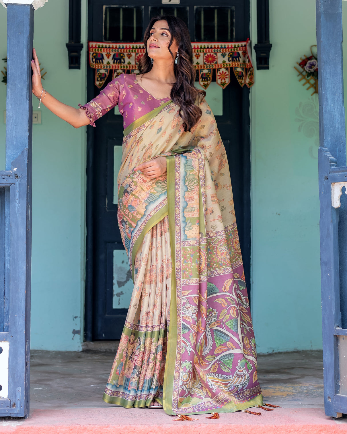 Ivory violet handloom cotton saree with royal procession tree of life pallu